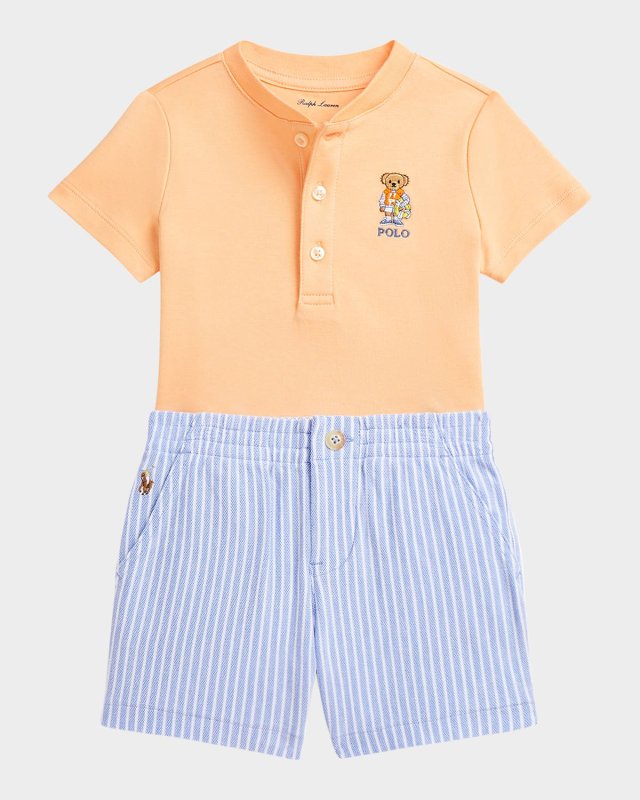 Boy's Polo Bear Seersucker Henley Shirt and Shorts Set, Size 3M-24